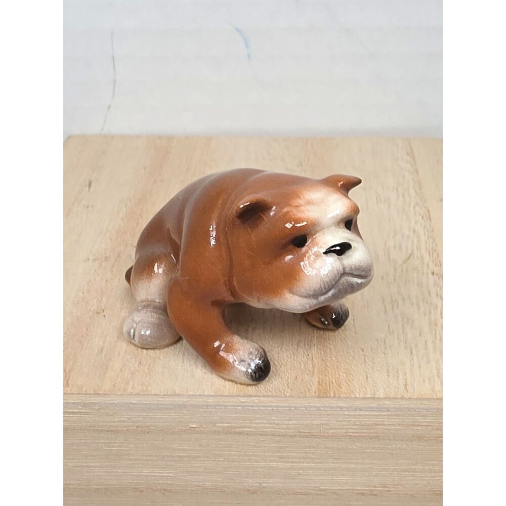 Vintage Hagen Renaker Brown White Bulldog Miniature Figurine Ceramic Dog